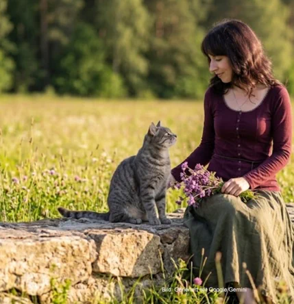Anita Wunderlich mit Katze auf einer Mauer